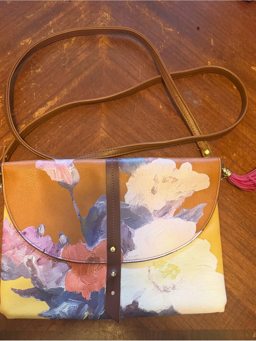 Floral Crossbody or Clutch Bag in Brown and Pink
